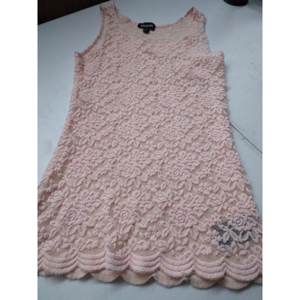 Bebe Top Women Small Lace See-thru Sleeveless Mesh Blouse Lt. Pink Made USA